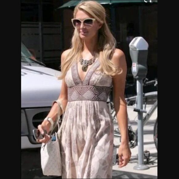 BCBG Beaded Cream & Brown Floral Silk Gown Size 2 - Picture 1 of 16